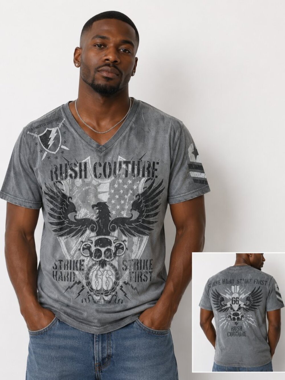 Rush Couture Men's Unisex V-neck Tee Shirt Grey White Graphic Size Large Y2K